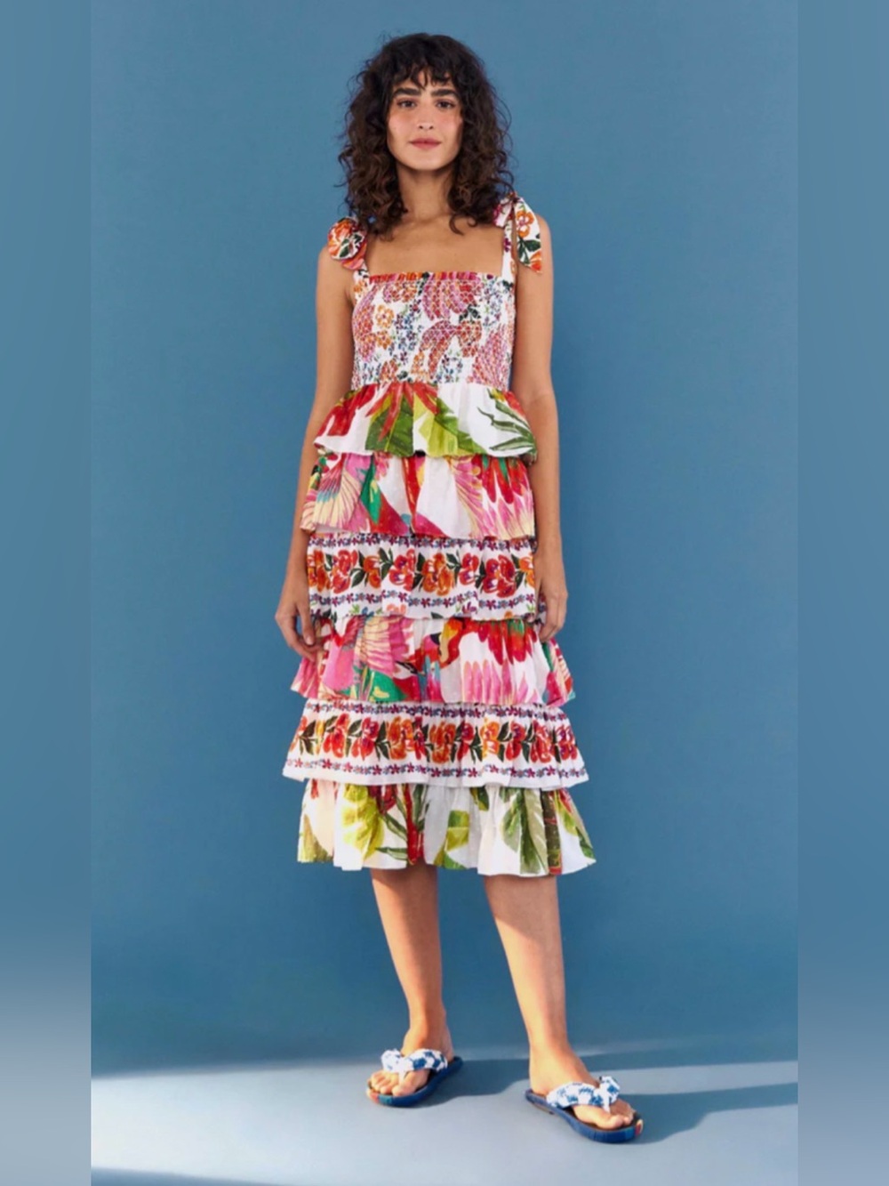 FARM Rio Mixed White Patterns Tropical Tiered Smocked Bodice 100% Cotton Dress